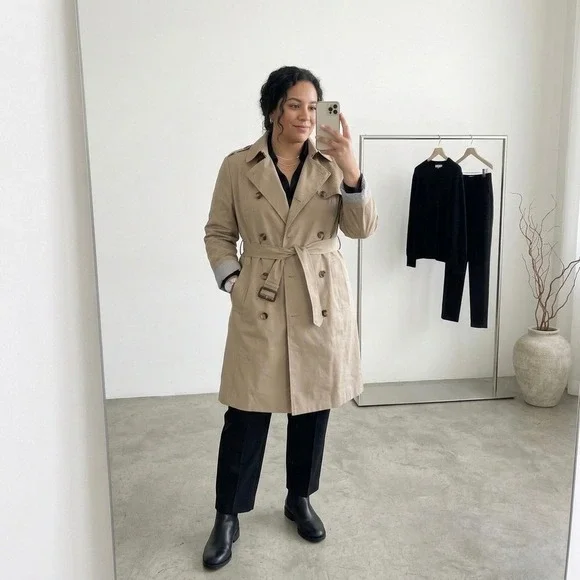 Liz Claiborne New York Double Breasted Trench Coat XL Khaki Belted Minimalist - Picture 1 of 6